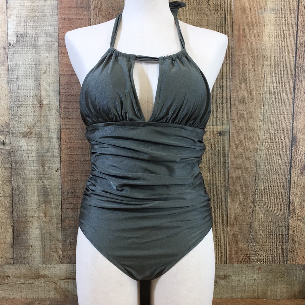 Cupshe One Piece Swimsuit Womens Medium Green Ruched Halter Swimwear